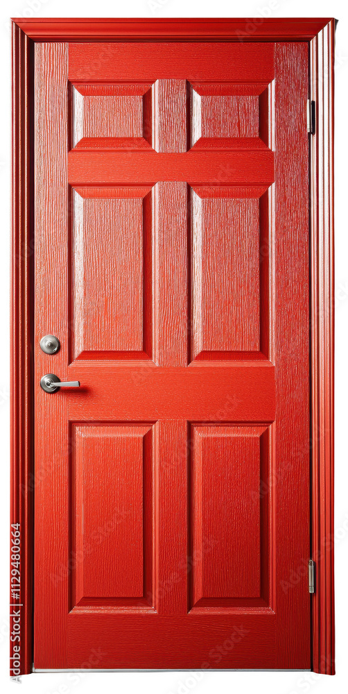 Red paneled wooden door with metal handle and lock Red paneled wooden door with metal handle and lock