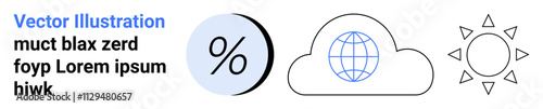 Cloud with globe, percentage symbol, and sun icons. Ideal for weather app, finance, real estate, education, marketing, sustainability, and technology themes. Landing page