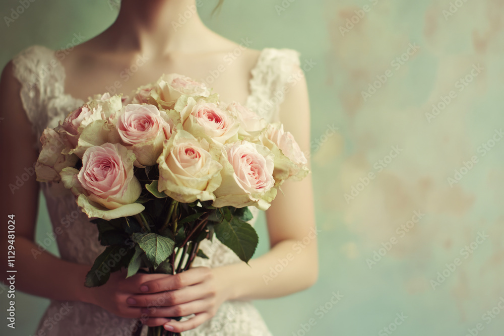 Naklejka premium A female flower seller gracefully holds a bouquet of roses, the soft pastel background enhancing the delicate beauty and vibrant colors of the blooms, beautiful girl with roses in her hands