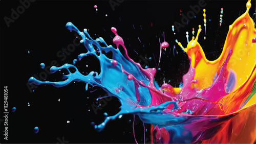 Multicolor paint splash on black background. Explosion of colored paint on black background. Paint splash art.