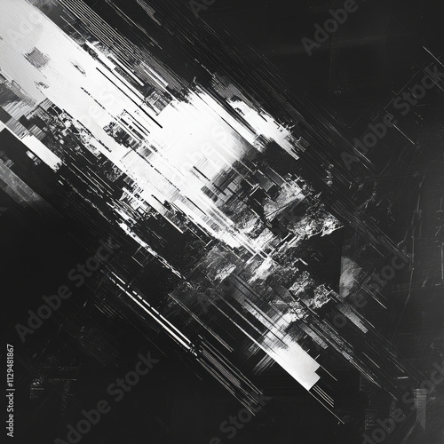 Abstract black and white glitched generative art background with geometric composition. Conceptual sci-fi illustration of high-tech/ cyberpunk technologies of future/ virtual reality. photo