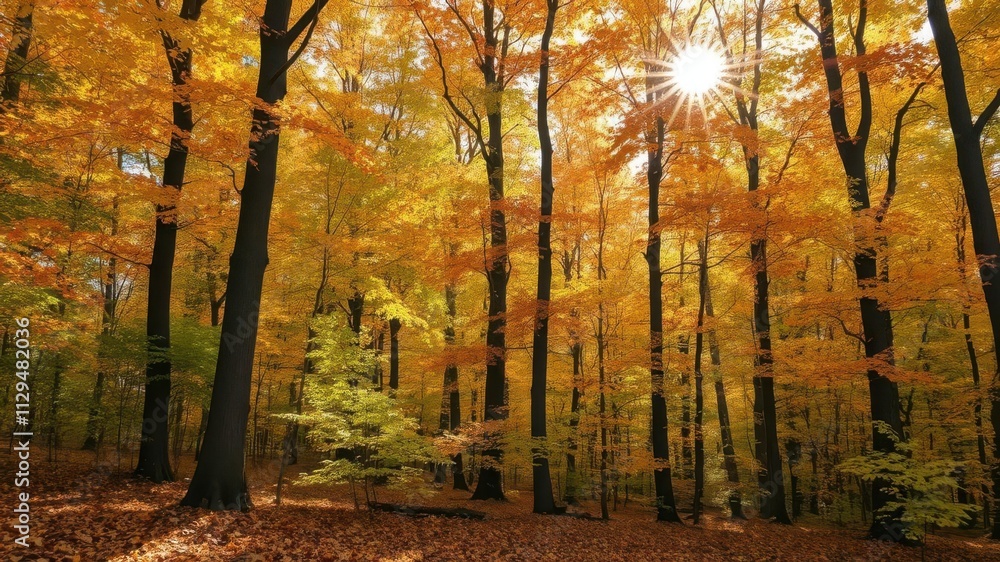 Fototapeta premium Beautiful autumn forest with sunlight streaming through the colorful leaves, picturesque