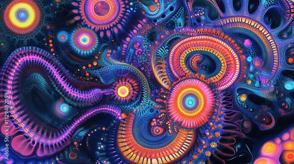 Vibrant abstract art with swirling patterns and glowing circles. Vibrant abstract art with swirling patterns and glowing circles.