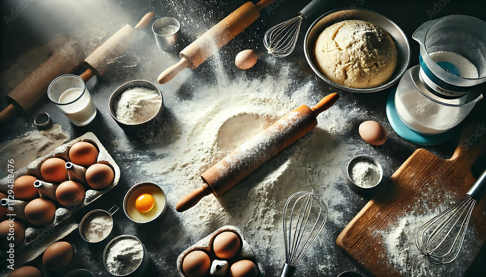 Baking Ingredients and Utensils Arranged on a Dark Surface Baking Ingredients and Utensils Arranged on a Dark Surface