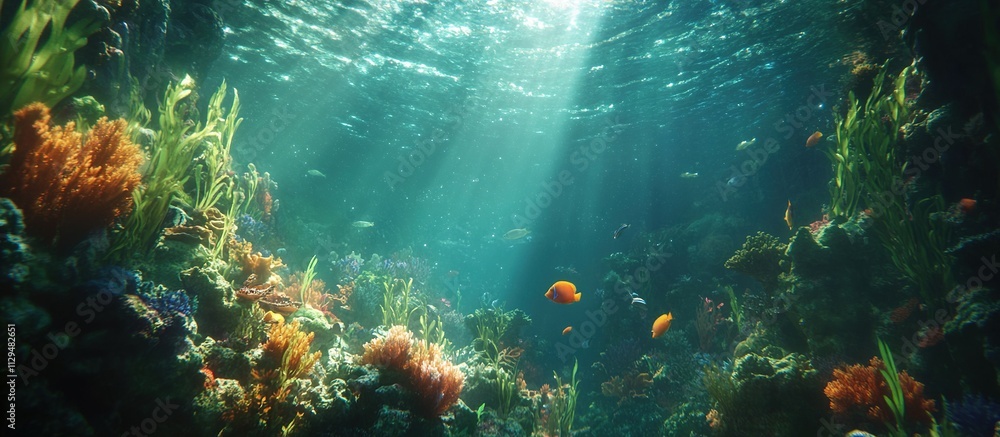 Naklejka premium Vibrant underwater scene with coral reef, diverse fish, and sunbeams penetrating the ocean.