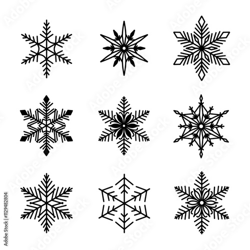 Unique snowflakes set, detailed hand drawn flat vector line illustration. Graphic outline drawing. Christmas and New Year symbol. Beautiful snowflake silhouette icon for frosty winter designs.