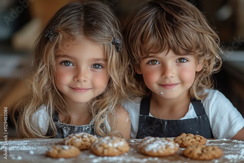 Cute sisters baking cupcakes at kitchen