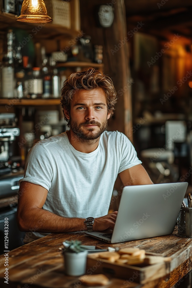 Handsome man remotely working on laptop computer Handsome man remotely working on laptop computer