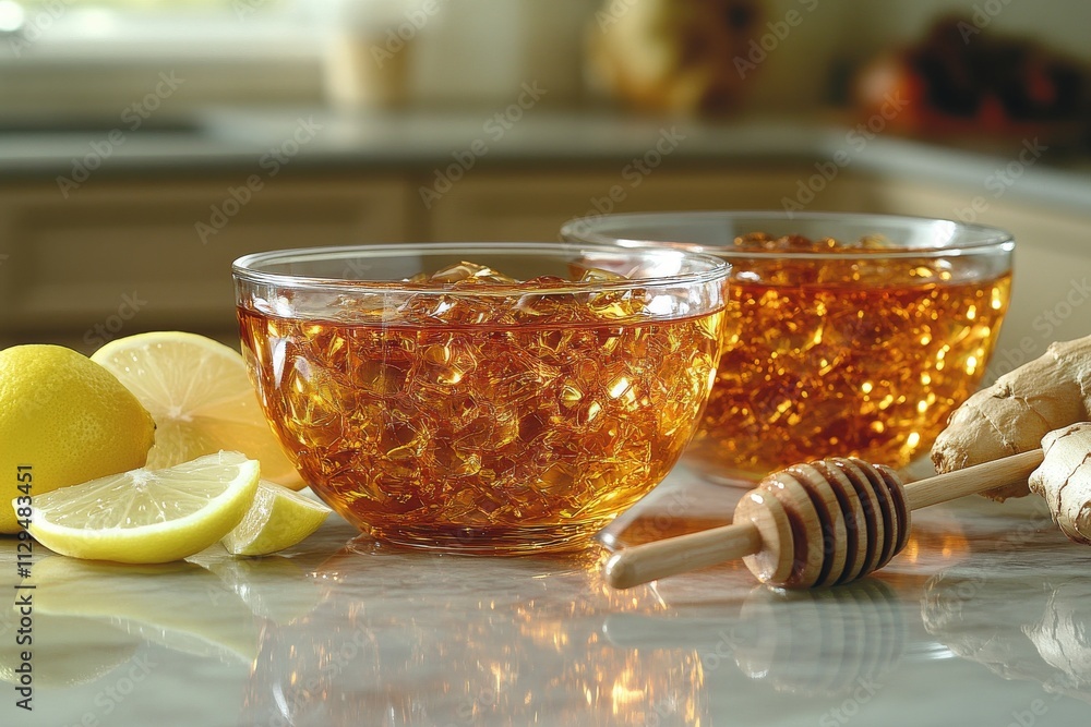 Warm ginger tea with honey and lemon on kitchen counter Warm ginger tea with honey and lemon on kitchen counter