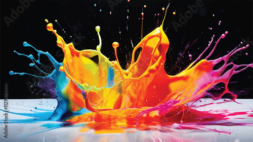 Multicolor paint splash on black background. Explosion of colored paint on black background. Paint splash art.