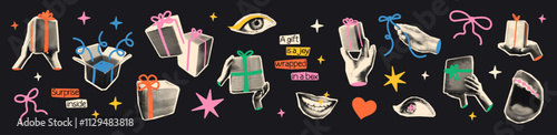 Gift boxes halftone art collage cut outs set. Various paper clipping shapes, hands holding presents stickers with vintage dotted texture and doodles Modern retro grunge mixed media vector illustration