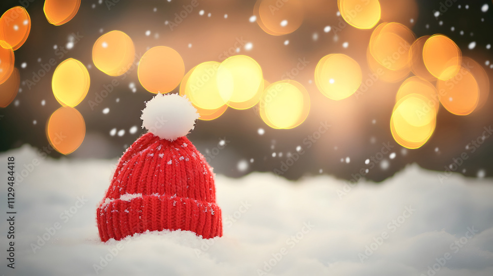 Bright red winter hat rests elegantly on a snowy surface as golden bokeh lights twinkle softly in the background during a peaceful evening snowfall Bright red winter hat rests elegantly on a snowy surface as golden bokeh lights twinkle softly in the background during a peaceful evening snowfall