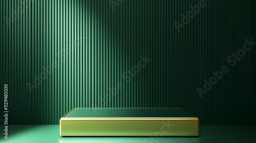 A simple green and gold square podium for showcasing products, with a dark green striped background, embodying the essence of modern minimalism