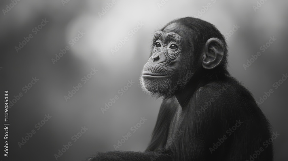 Pensive chimpanzee portrait, monochrome. Pensive chimpanzee portrait, monochrome.