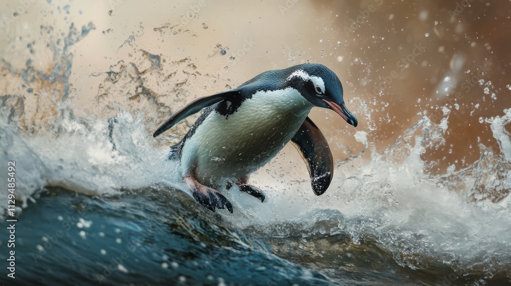 Fototapeta premium Penguin surfing ocean wave.