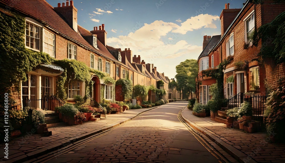 Fototapeta premium English Village, Peaceful Image, Digital Art, Row Houses