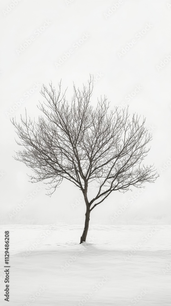 Tree stands alone in a snowy landscape under a foggy sky during winter season Tree stands alone in a snowy landscape under a foggy sky during winter season