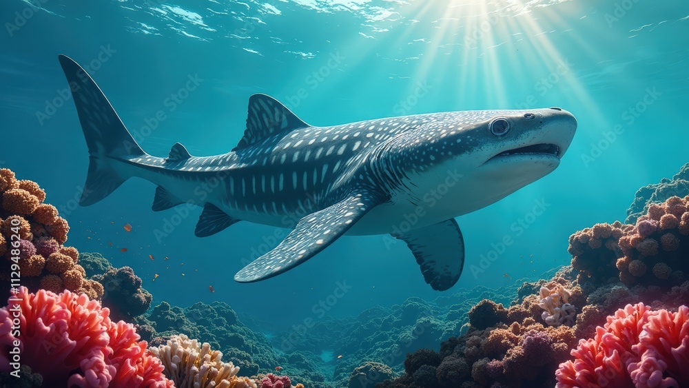 Fototapeta premium Whale shark gracefully swimming through a vibrant coral reef, showcasing the beauty of marine life and the importance of protecting their habitat.