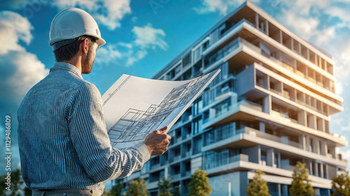 Architect or engineer on the background a new residential complex. Professional worker with blueprint and helmet planning modern urban development project on construction site. photo