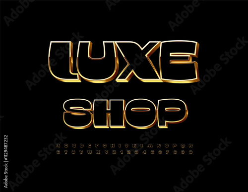 Vector stylish logo Luxe Shop. Black and Golden Chic Font. Exclusive 3D Alphabet Letters and Numbers set.