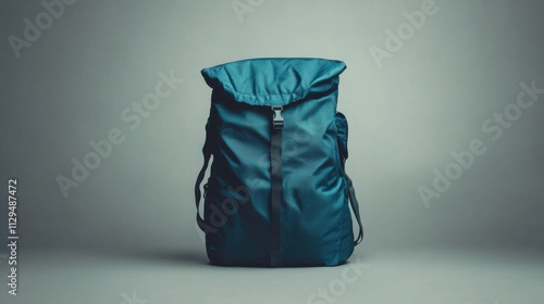 Vibrant Teal Lightweight Ripstop Nylon Packable Daypack on Warm Gray Background: Studio Lighting Highlights Technical Textile Features. photo