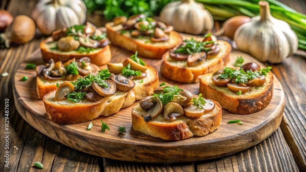 Mushroom and Garlic Crostini on Rustic Wooden Board Mushroom and Garlic Crostini on Rustic Wooden Board
