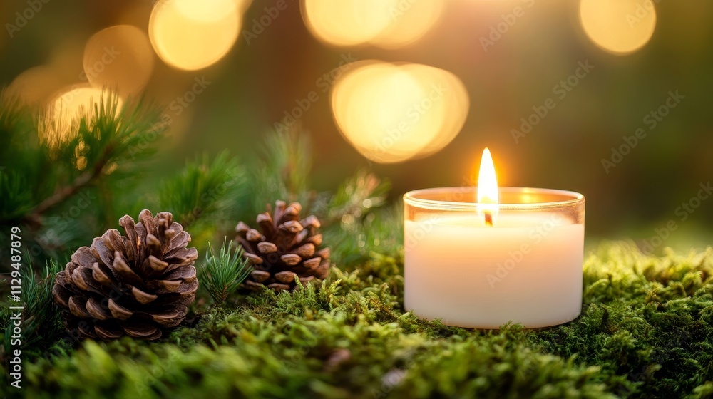 Tranquil Candlelight on Mossy Ground - A lit candle's warm glow illuminates pine cones and moss, symbolizing peace, nature, warmth, serenity, and hope. Tranquil Candlelight on Mossy Ground - A lit candle's warm glow illuminates pine cones and moss, symbolizing peace, nature, warmth, serenity, and hope.
