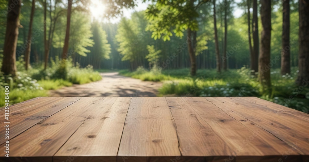 Eco-friendly wooden table with blurred woodland behind, environment, blur, table, nature Eco-friendly wooden table with blurred woodland behind, environment, blur, table, nature