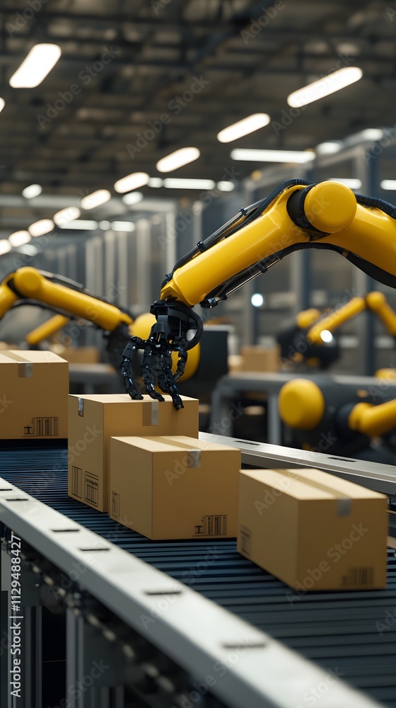 A photo of robot arms in an industrial setting, picking up and placing cardboard boxes on a conveyor belt.