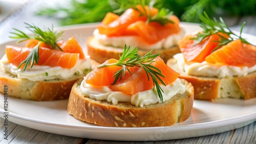 Smoked Salmon and Cream Cheese Crostini on White Plate with Fresh Dill Garnish