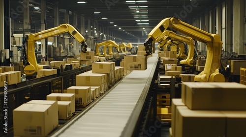 A photo of robot arms in an industrial setting, picking up and placing cardboard boxes on a conveyor belt.