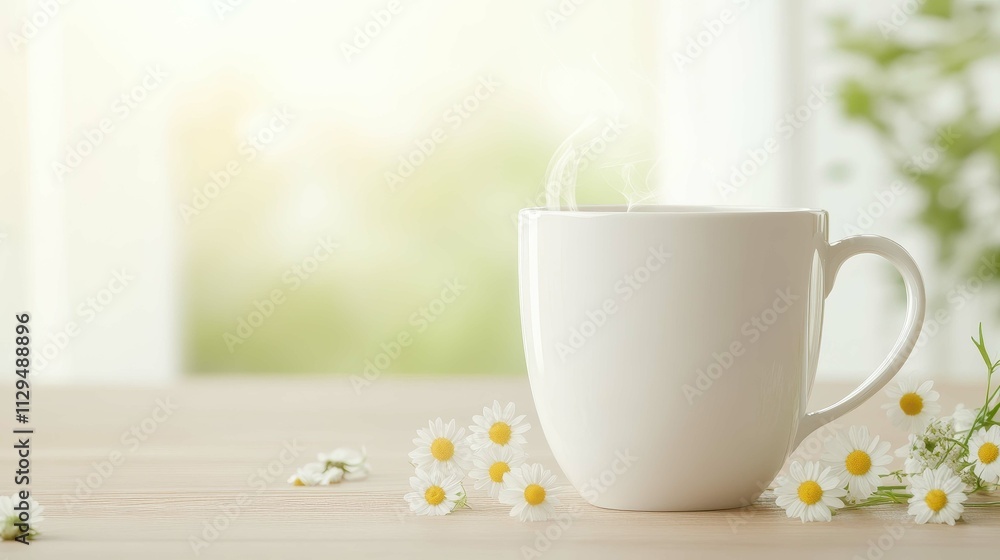 A serene scene featuring a white cup placed on a wooden table surrounded by delicate daisies, with soft natural light in the background, creating a tranquil atmosphere. A serene scene featuring a white cup placed on a wooden table surrounded by delicate daisies, with soft natural light in the background, creating a tranquil atmosphere.
