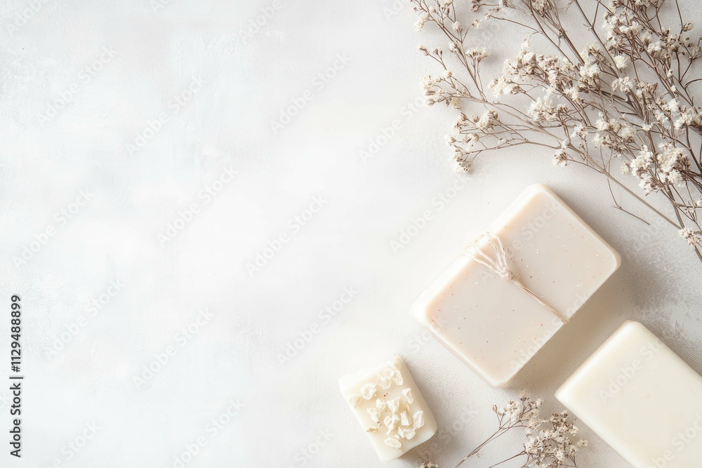 A serene layout featuring natural soap bars and delicate dried flowers on a soft background, perfect for conveying tranquility and wellness in personal care and lifestyle themes. A serene layout featuring natural soap bars and delicate dried flowers on a soft background, perfect for conveying tranquility and wellness in personal care and lifestyle themes.