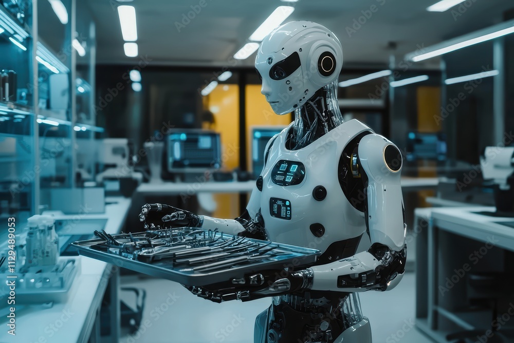A futuristic robot holds a tray in a high-tech laboratory, showcasing advanced technology and innovation in robotics. A futuristic robot holds a tray in a high-tech laboratory, showcasing advanced technology and innovation in robotics.