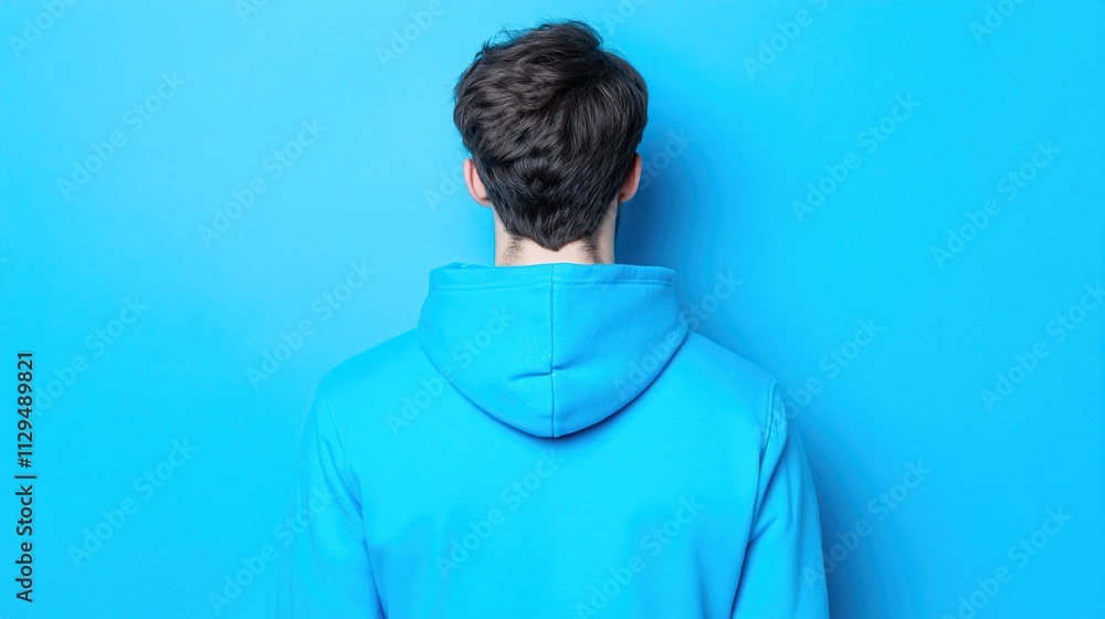 A person wearing a blue hoodie stands against a solid blue wall, viewed from the back. A person wearing a blue hoodie stands against a solid blue wall, viewed from the back.