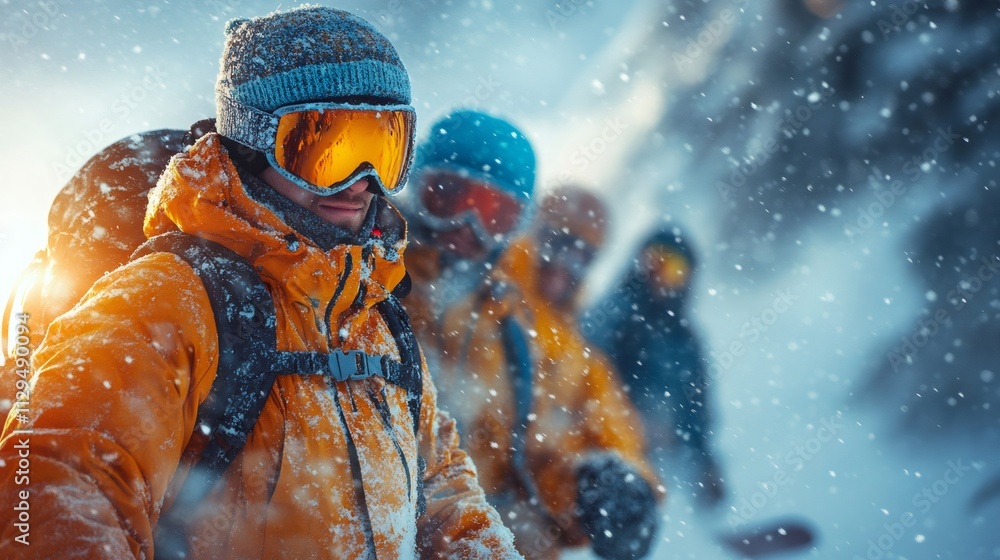 Climbers ascending snowy mountain during snowfall Climbers ascending snowy mountain during snowfall