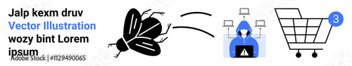 Black bug icon, hooded hacker with a laptop, network nodes, and a shopping cart with a notification. Ideal for cybersecurity, online threats, malware, e-commerce security, data protection, hacking