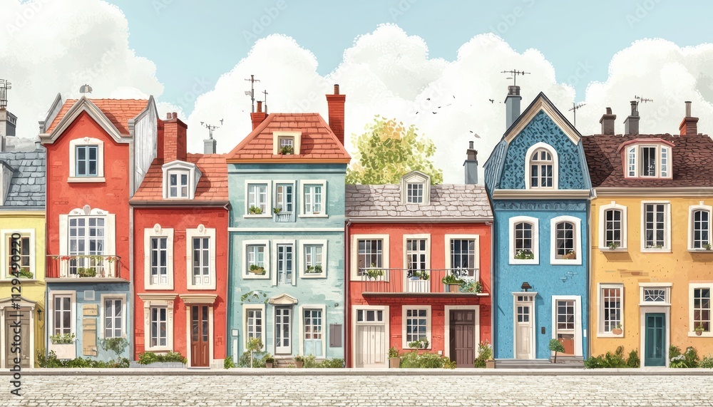 A charming row of colorful houses with distinct architectural features, set against a serene backdrop of fluffy clouds and soft colors. A charming row of colorful houses with distinct architectural features, set against a serene backdrop of fluffy clouds and soft colors.