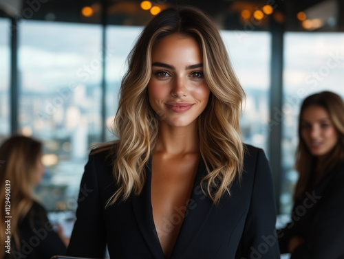 Confident Businesswoman in Modern Office with Skyline View