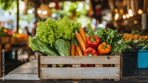 Colorful vegetables arranged neatly in crates at an outdoor market photo