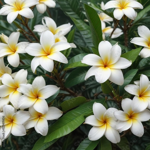 Elegant white plumeria blossom with green leaves, isolated petal, tropical garden, fragrant flower, purity symbol