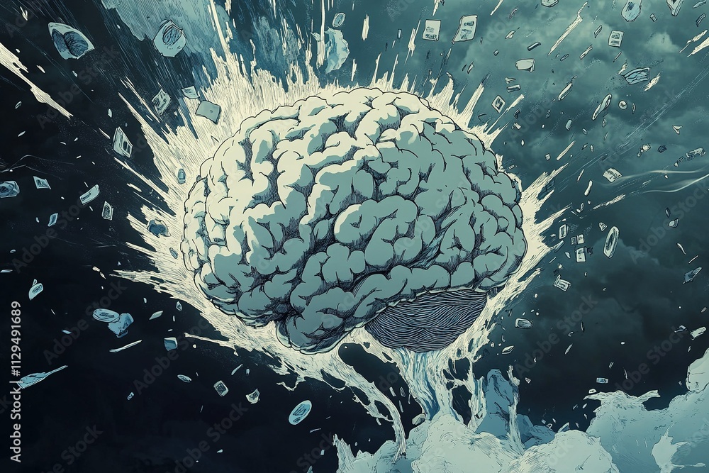 An animated sequence showing memories and thoughts pouring out of a cracked brain, symbolizing the loss of control over memory retention due to information overload. An animated sequence showing memories and thoughts pouring out of a cracked brain, symbolizing the loss of control over memory retention due to information overload.