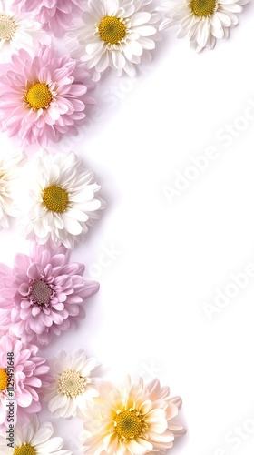 A border of pastel pink, white, and yellow chrysanthemums on an isolated background with lots of negative space around the edges