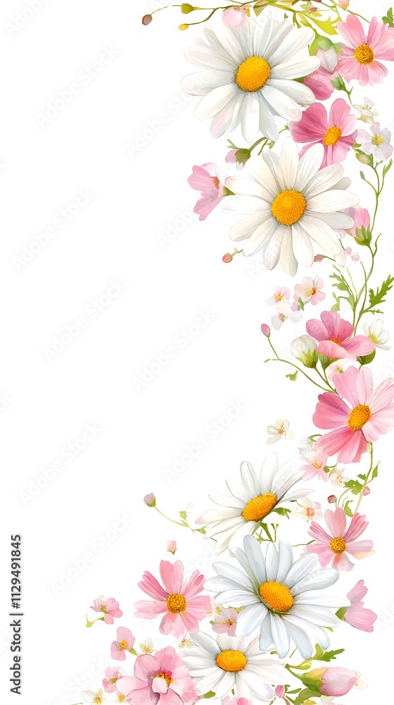 A border of pastel pink, white, and yellow chrysanthemums on an isolated background with lots of negative space around the edges A border of pastel pink, white, and yellow chrysanthemums on an isolated background with lots of negative space around the edges