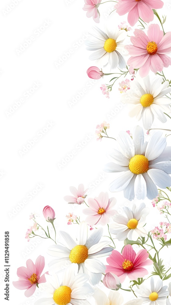 A border of pastel pink, white, and yellow chrysanthemums on an isolated background with lots of negative space around the edges A border of pastel pink, white, and yellow chrysanthemums on an isolated background with lots of negative space around the edges