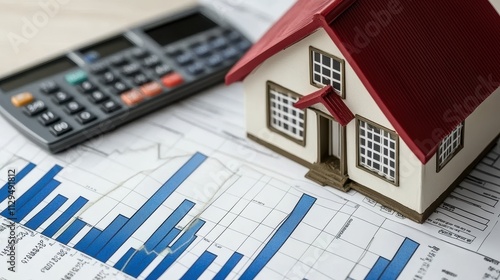 A model house on financial documents with a calculator, symbolizing real estate investment.