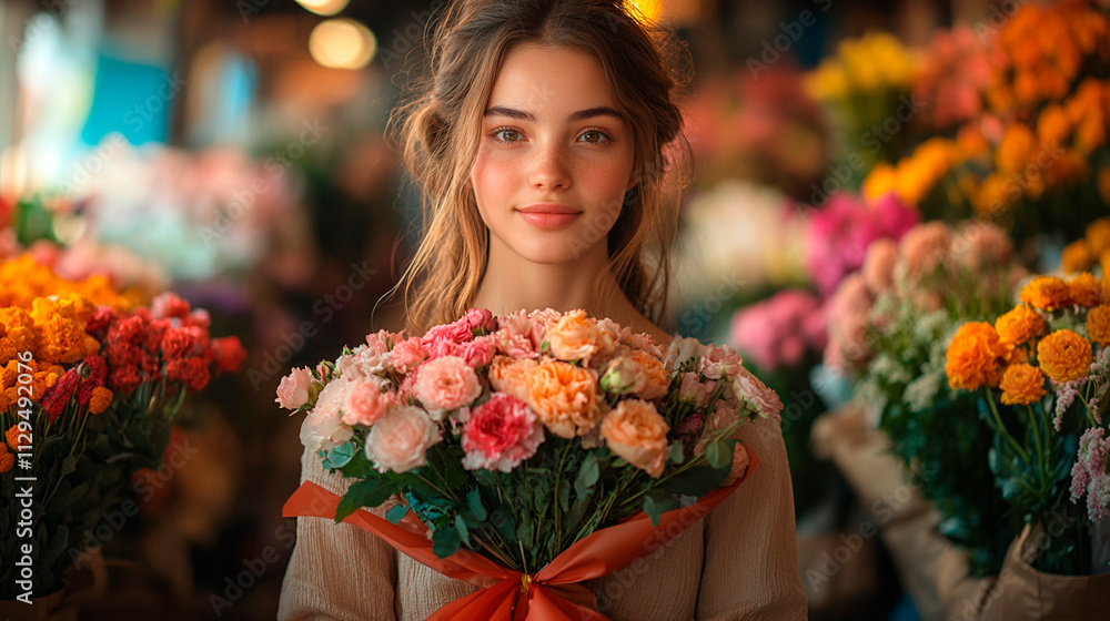 Fototapeta premium Woman Holding a Colorful Bouquet of Fresh Flowers 