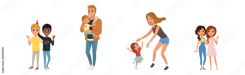 Happy People Character Hug and Embrace Feel Warmth Vector Set Happy People Character Hug and Embrace Feel Warmth Vector Set