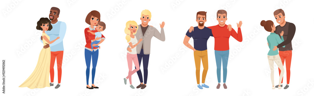 Happy People Character Hug and Embrace Feel Warmth Vector Set Happy People Character Hug and Embrace Feel Warmth Vector Set