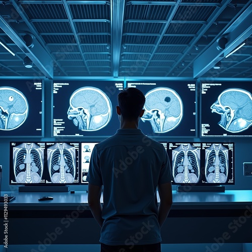 Doctor examining brain and lung scans in futuristic hospital room